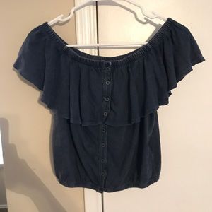 Cropped blue mean colored button down top.